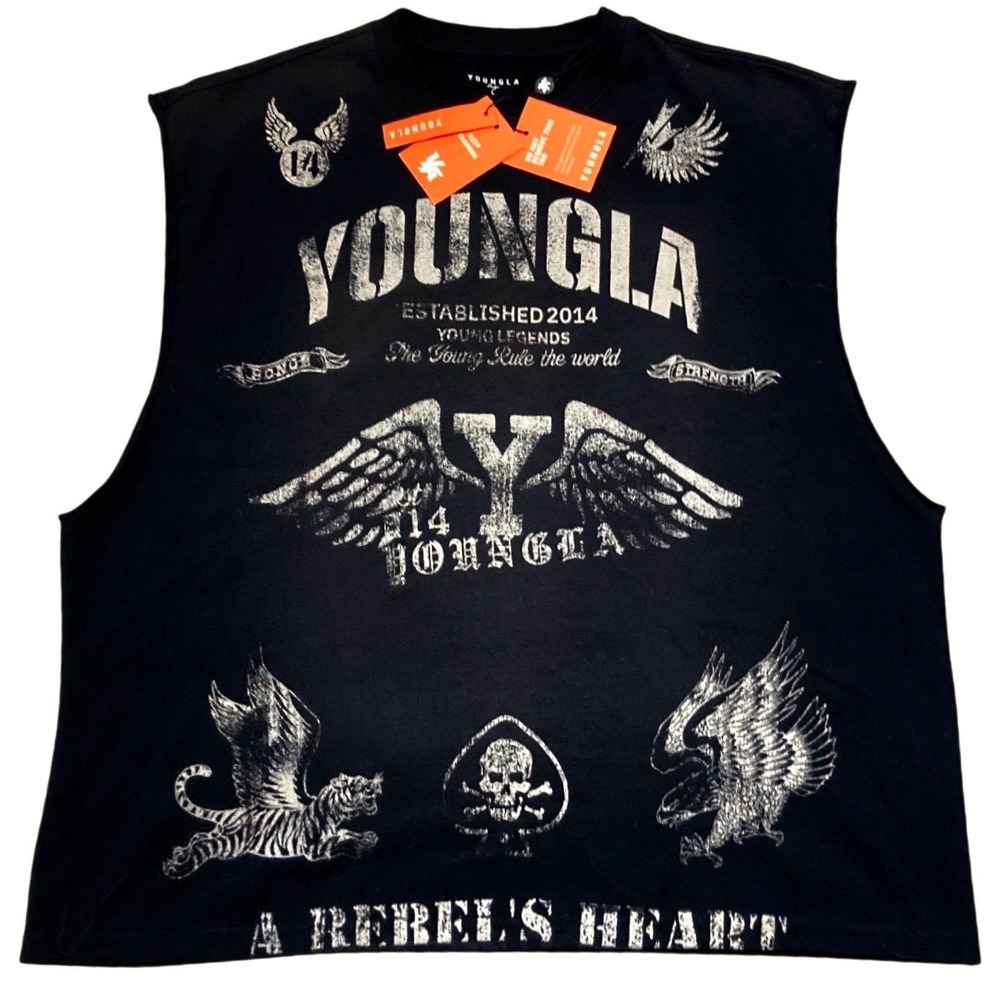 YoungLA 3041 Rebel Cut Off Tank Top Mens Large Black Graphic Muscle Tee NEW